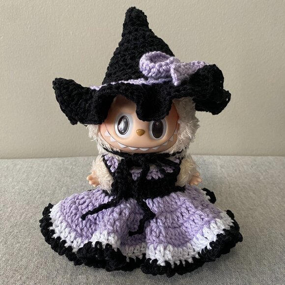 Handmade Crochet Halloween Purple Black Witch Outfit for Labubu 2-Piece Set - Picture 1 of 8